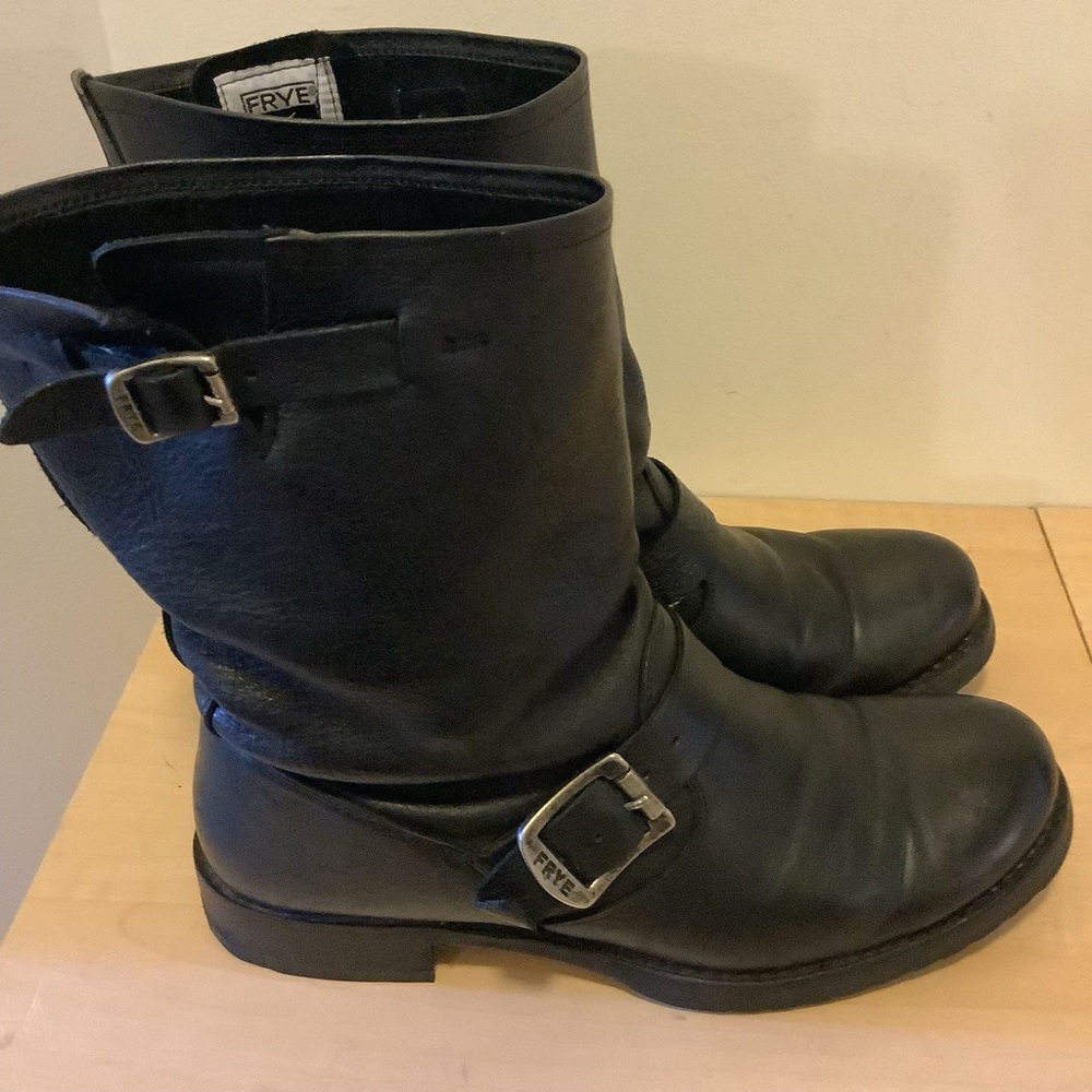 Frye Black Leather Combat Moto Boots